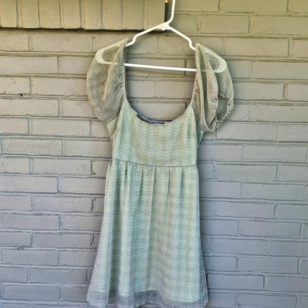 Altar'd state sage green gingham puff sleeve babydoll dress